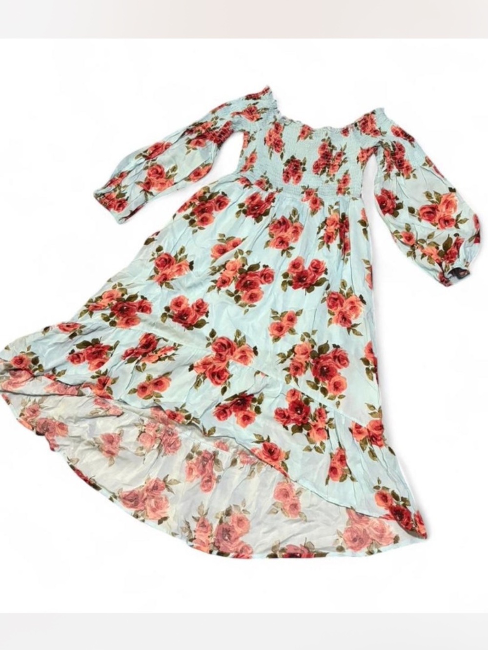 Altar'd State Blue Rose Print Dress | Cottagecore Off-Shoulder Smocked Midi | Si